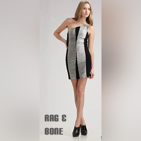 Rag & Bone Silver/Black Silk Dupioni One Shoulder Dress - Size 2 - Picture 2 of 15